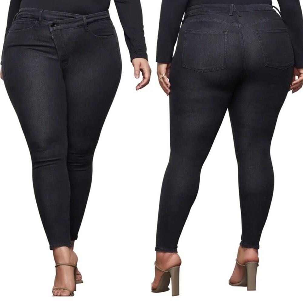Good American Crossover High Rise Skinny Ankle Jeans Black Wash Denim Size 12/31